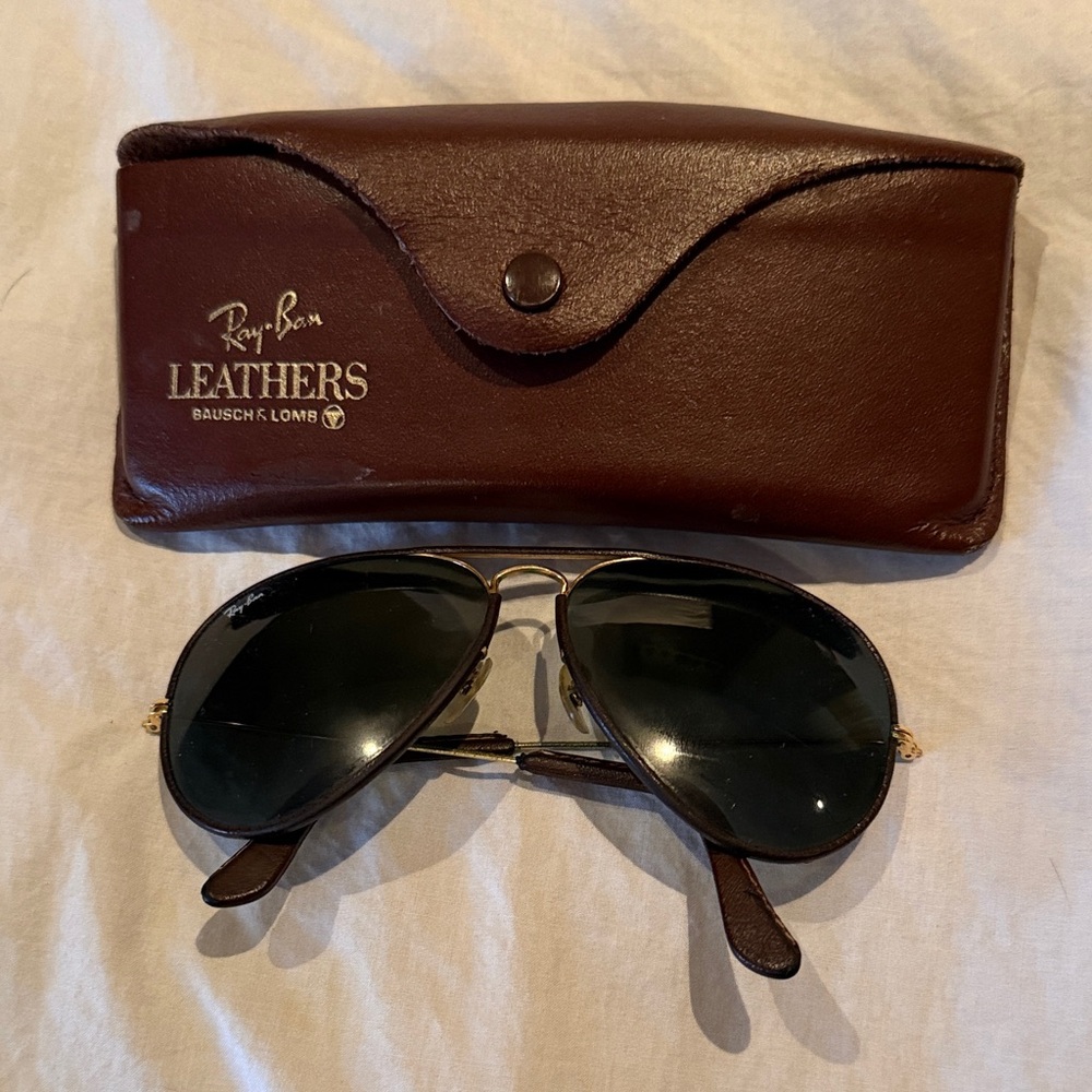 Ray-Ban Vintage Leathers Green Lens Wrapped Dark Brown Leather with Leather Case